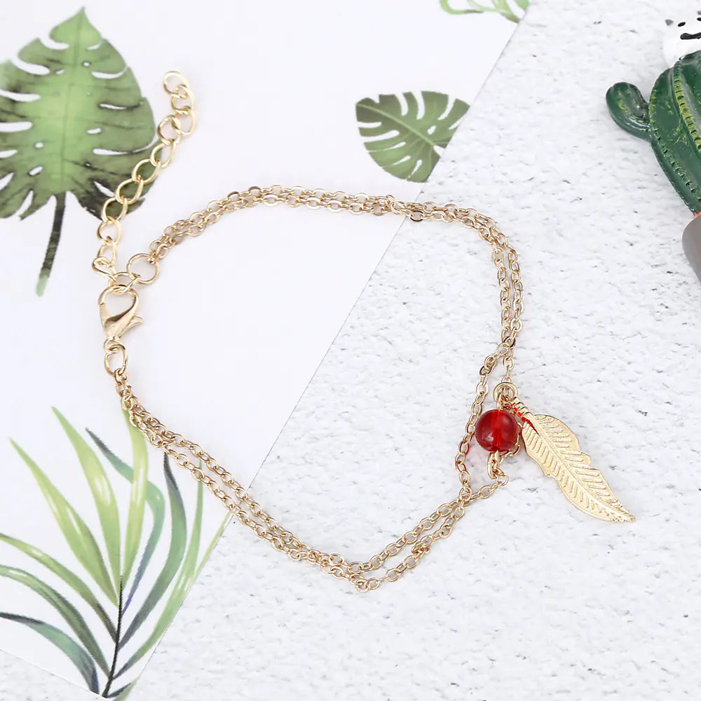 Crystal Bead Feather Anklet - Stylish Summer Accessory